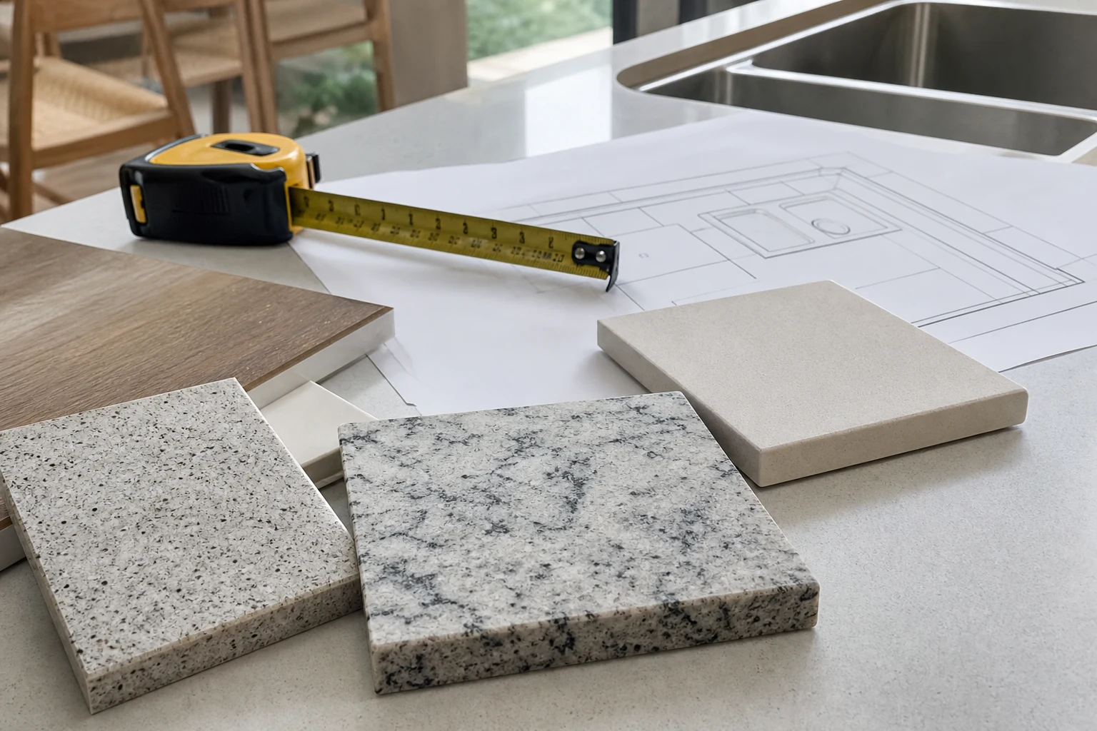 Muestras de cuarzo, granito y porcelánico para comparar texturas y cantos de una cubierta de cocina