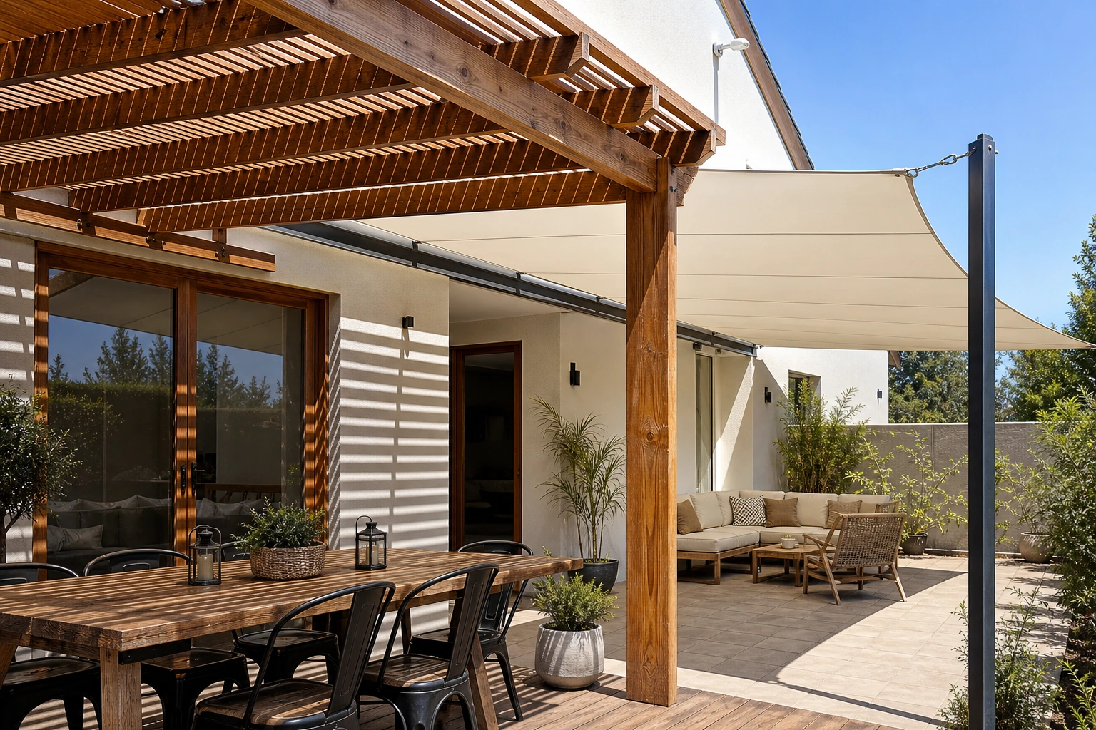 Terraza con pérgola de madera y lona tensada para sombra y ventilación