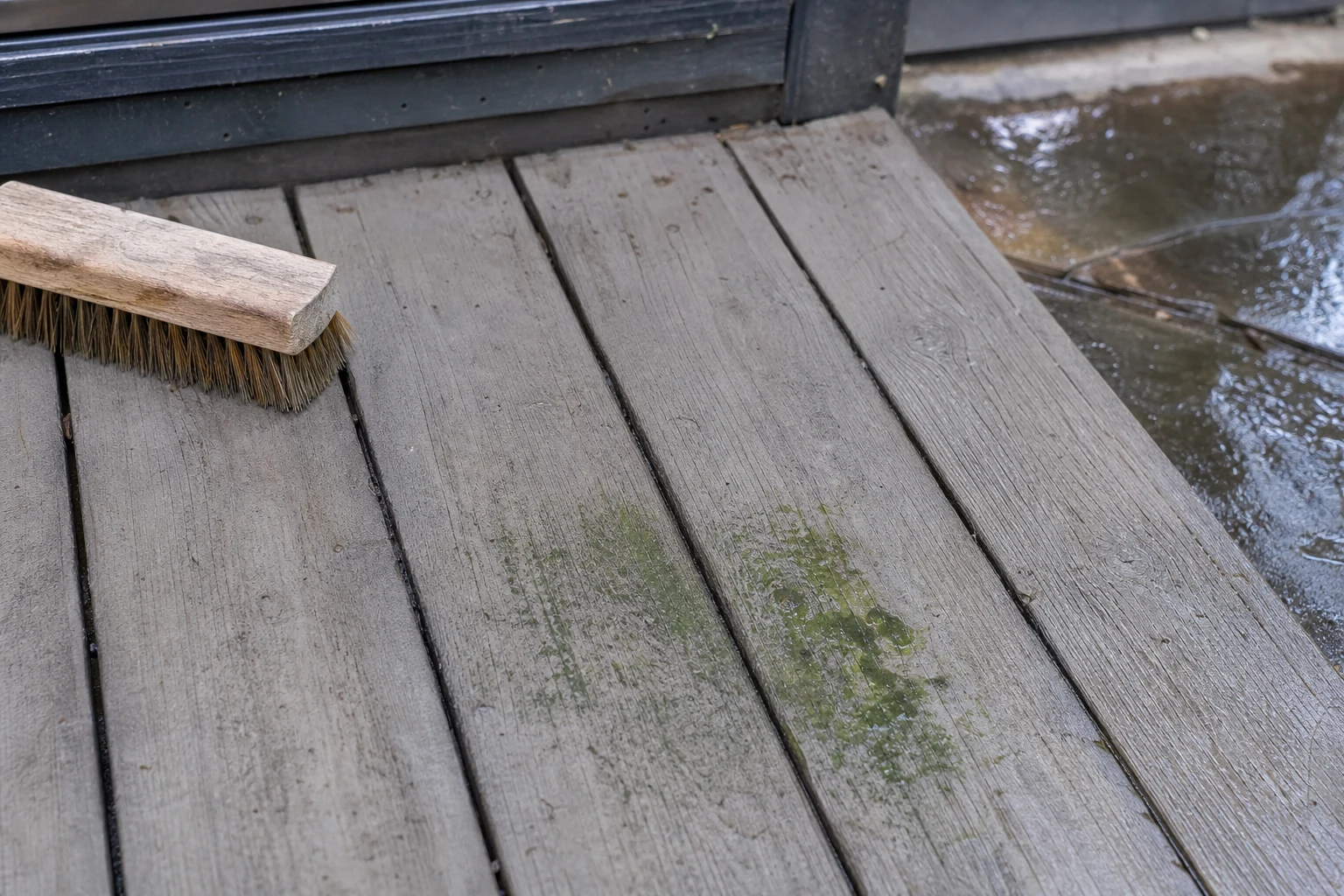 Deck de madera gris con humedad superficial antes de limpiar las tablas