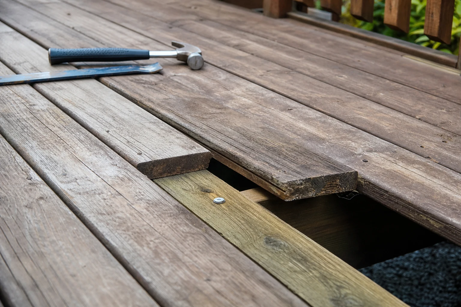 Detalle de una tabla suelta y sus fijaciones en un deck de madera