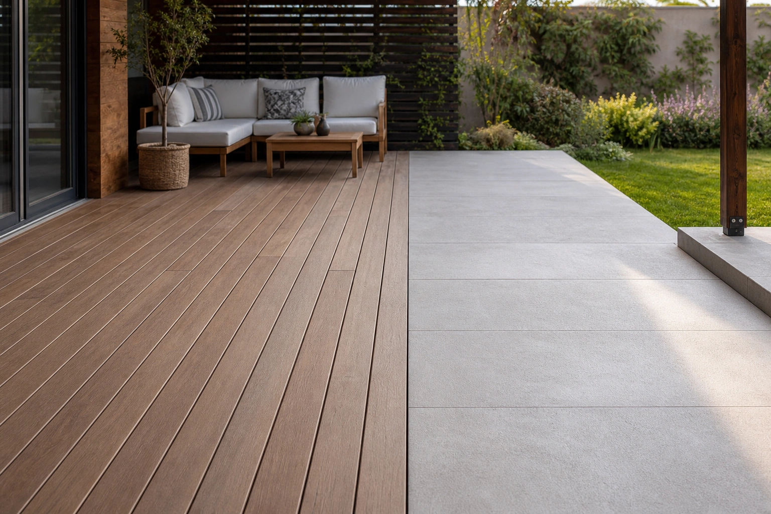 Comparación de materiales para deck y terraza en patio exterior
