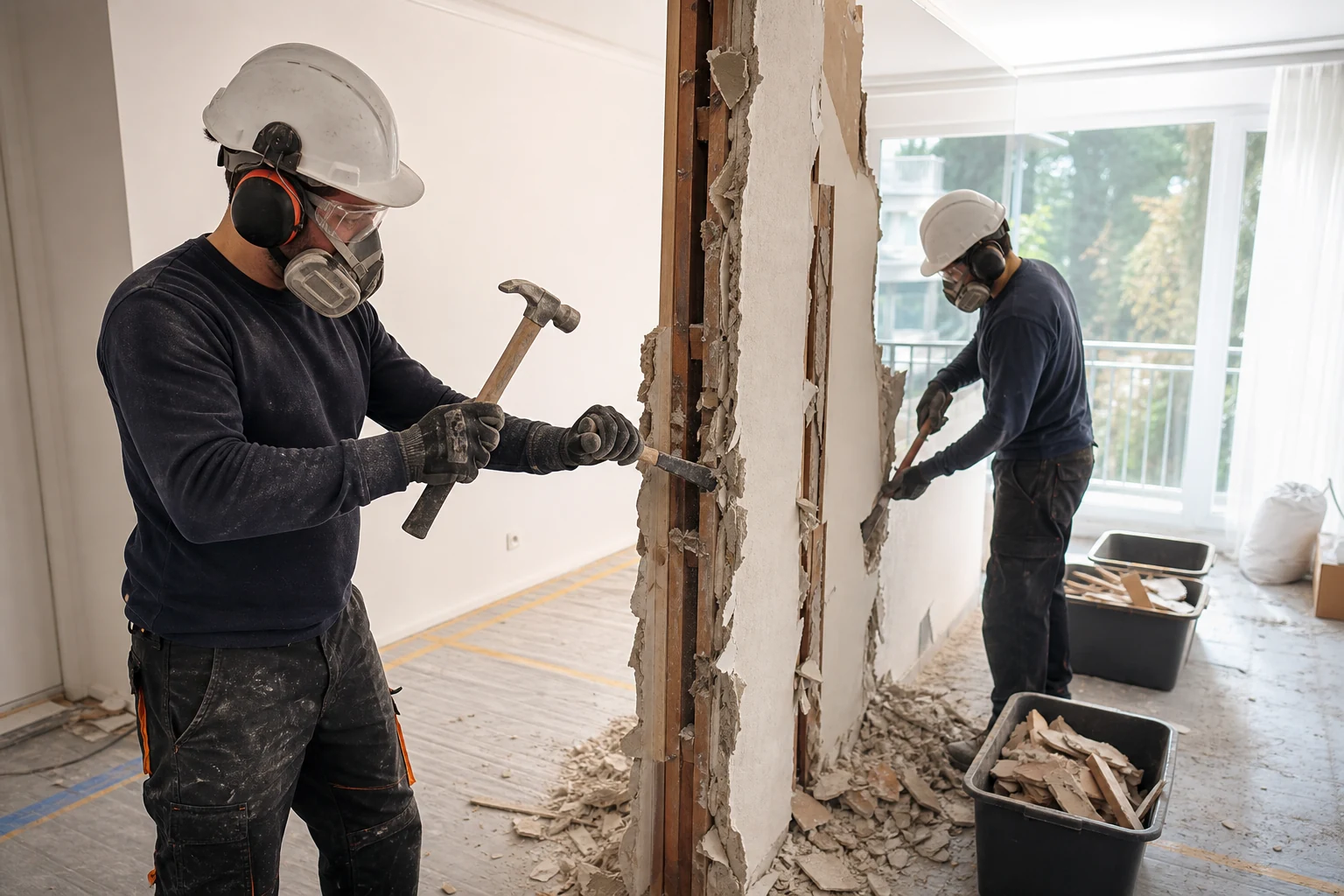 Demolición manual controlada de un tabique interior con elementos de protección