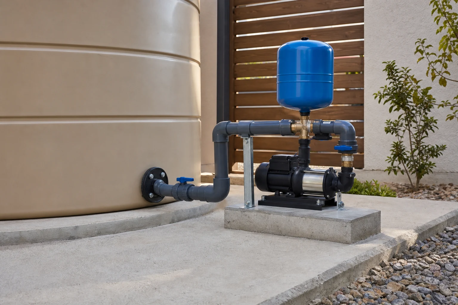 Bomba, válvulas y base nivelada para un estanque acumulador de agua