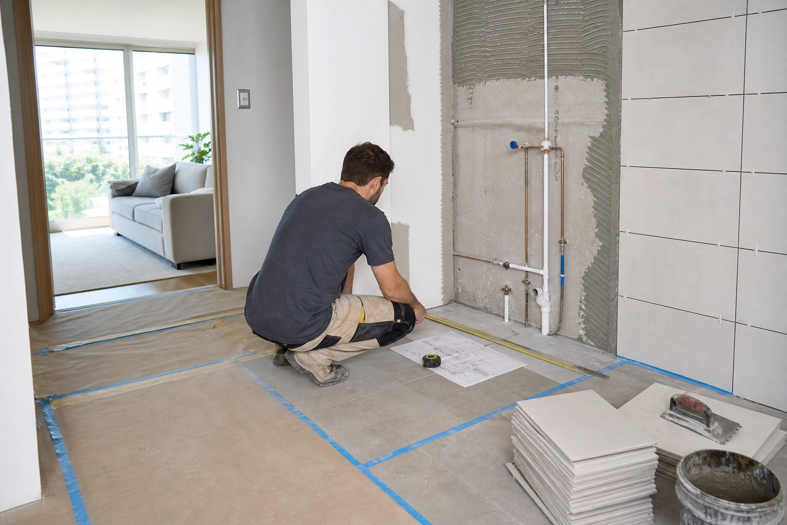 Trazado de baño nuevo cerca de instalaciones existentes