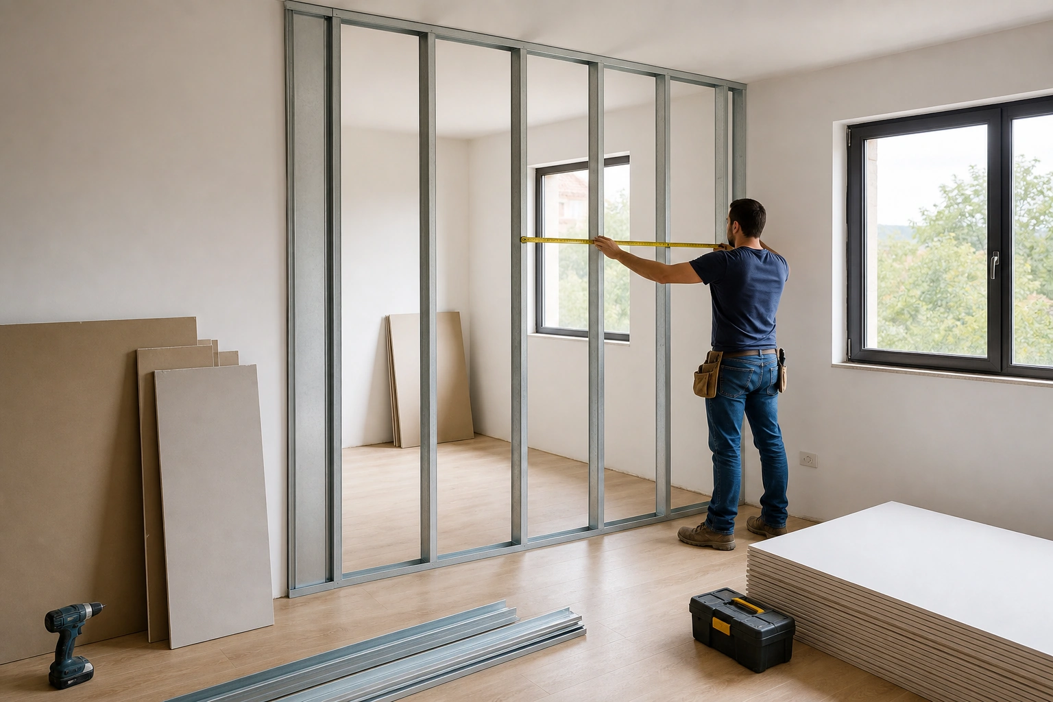 Medición interior para crear un dormitorio extra con tabiquería