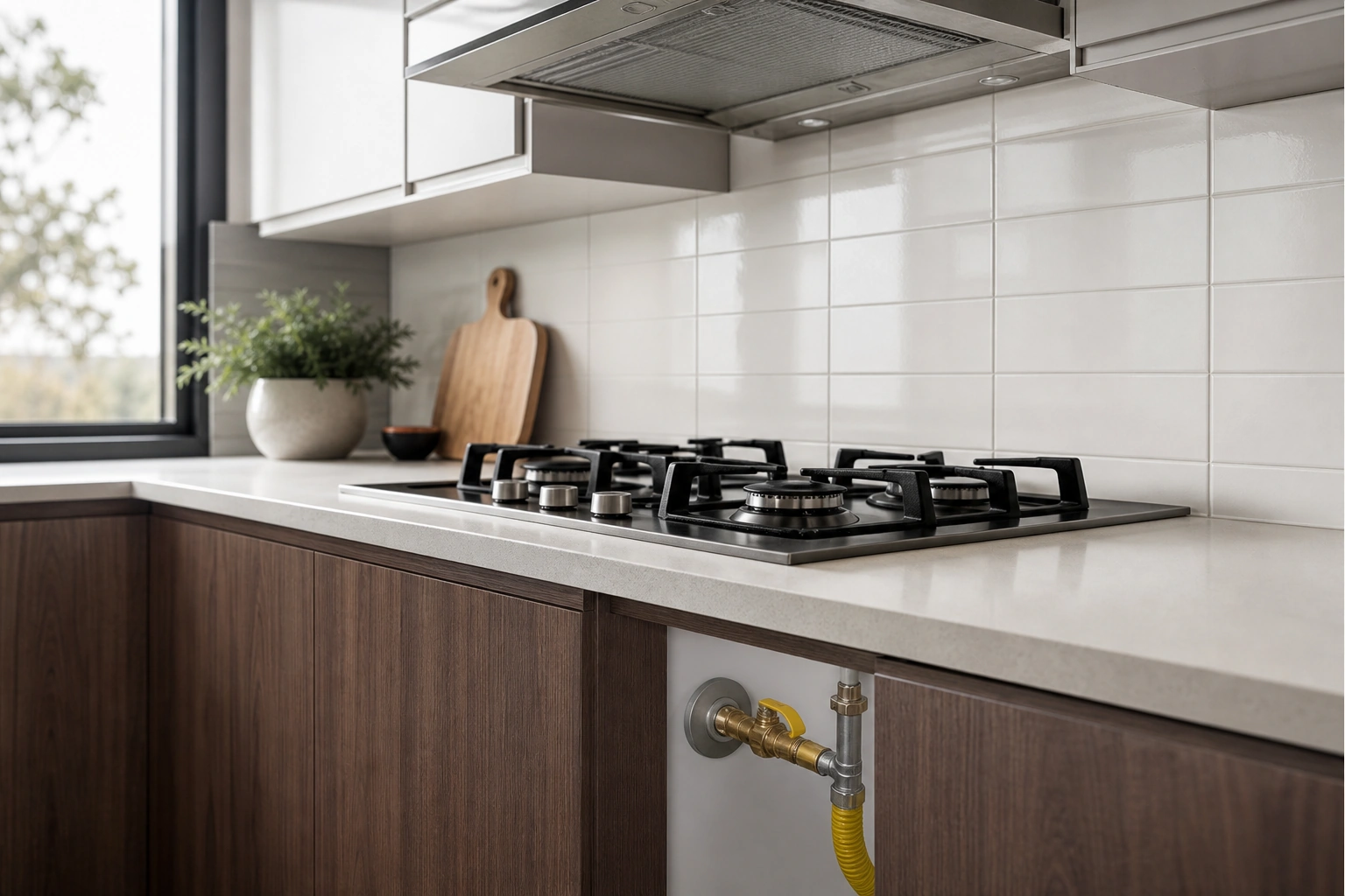 Revisión de ventilación y conexión segura para una encimera a gas en cocina