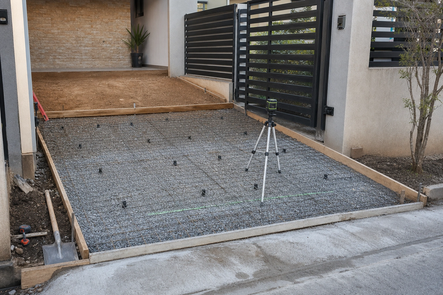 Base compactada y refuerzo preparados para una entrada de auto con radier