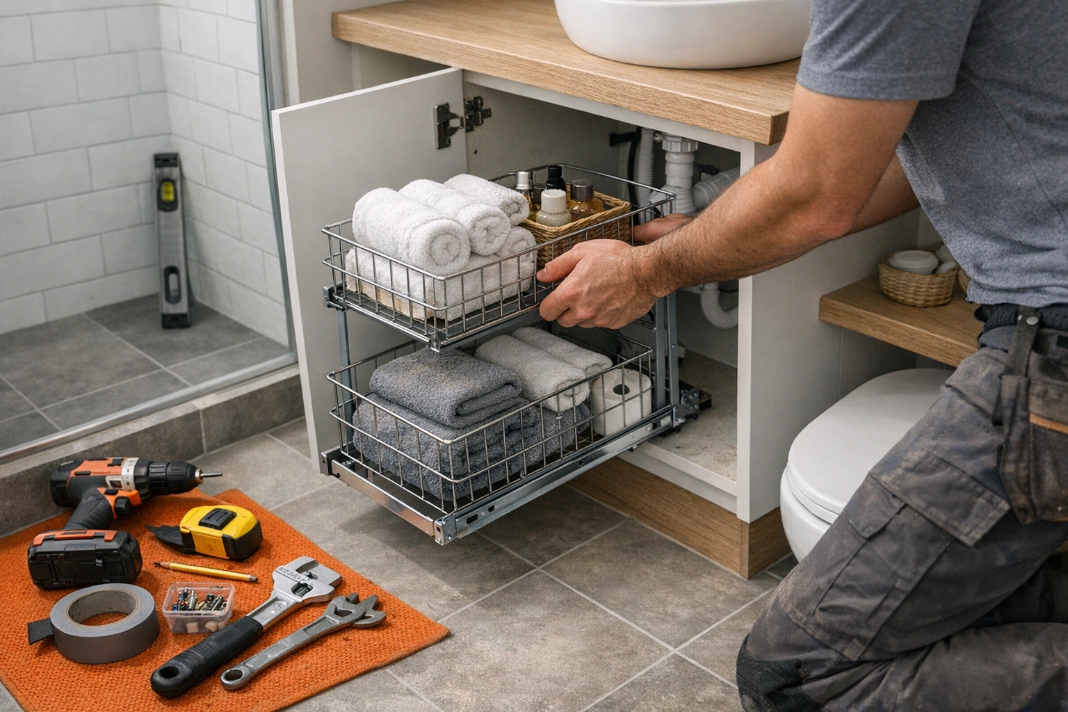 Mueble vanitorio flotante moderno y repisas empotradas para optimizar espacio en un baño pequeño