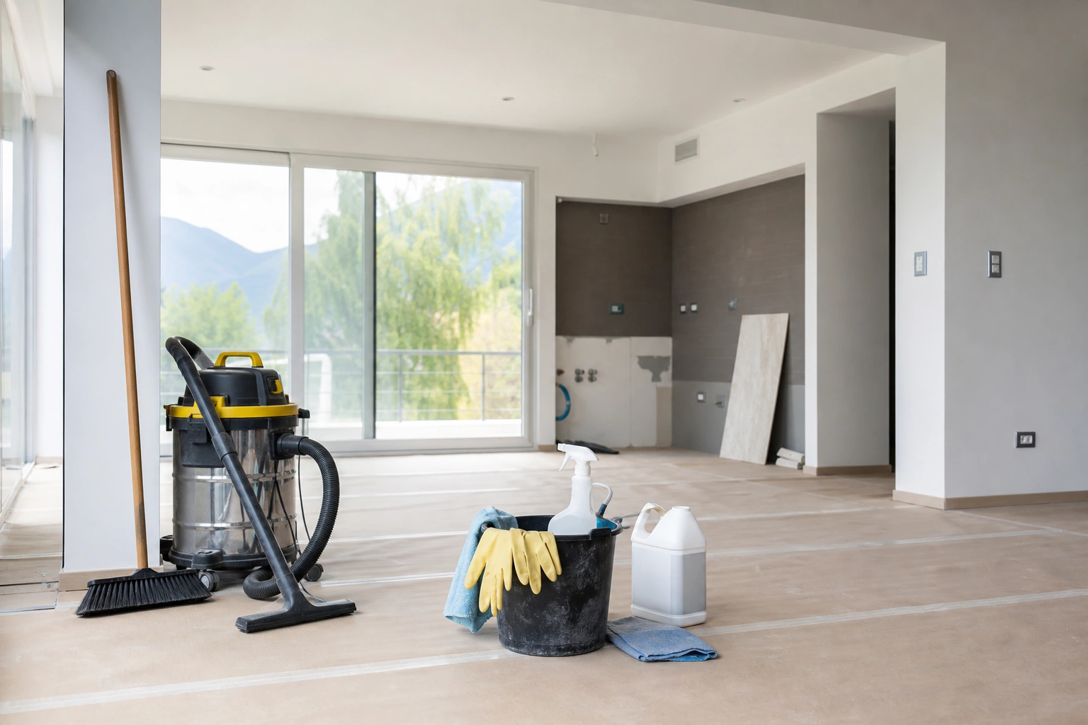 Limpieza final de una habitación después de retirar escombros de remodelación