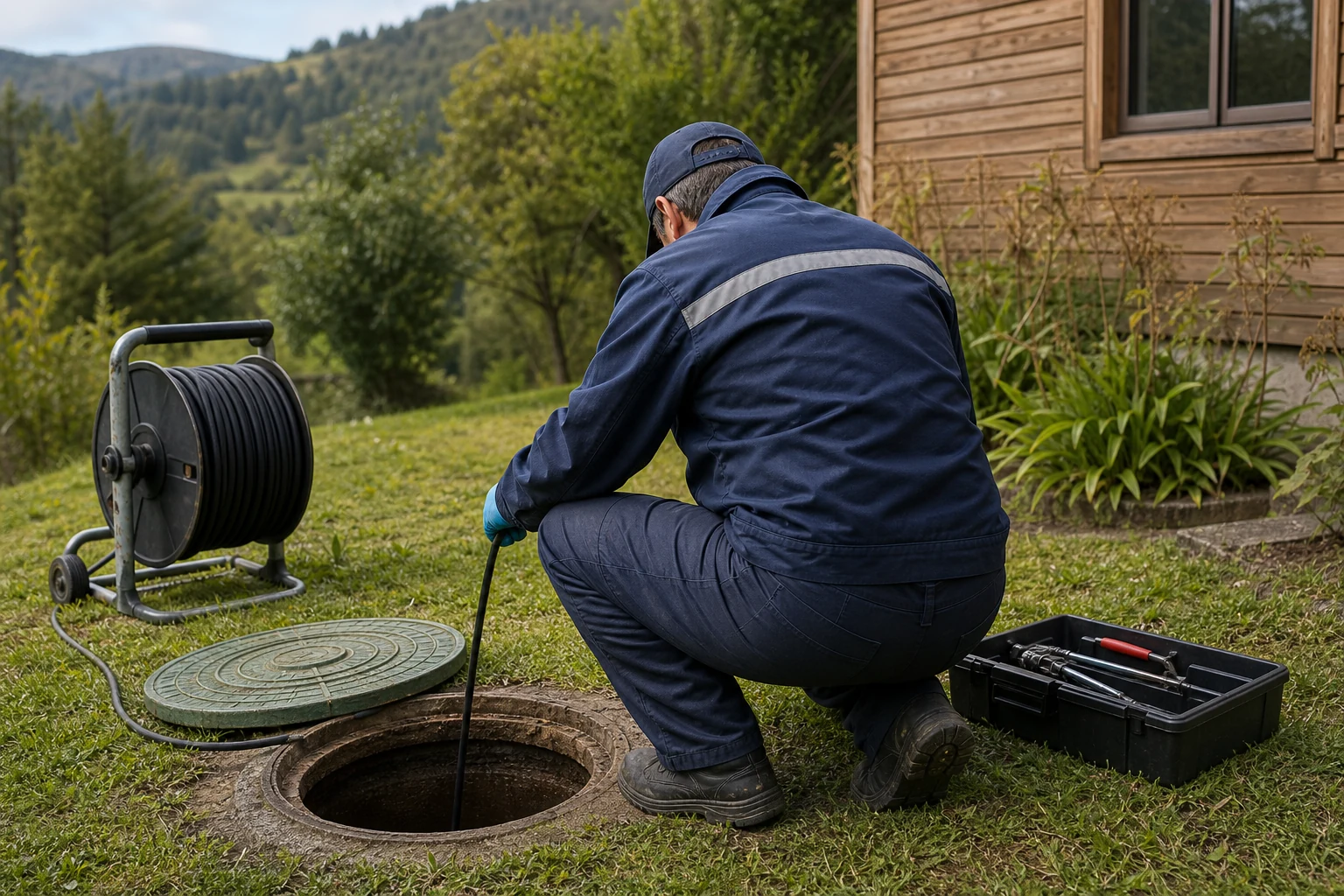 Técnico inspeccionando de forma segura el acceso de una fosa séptica