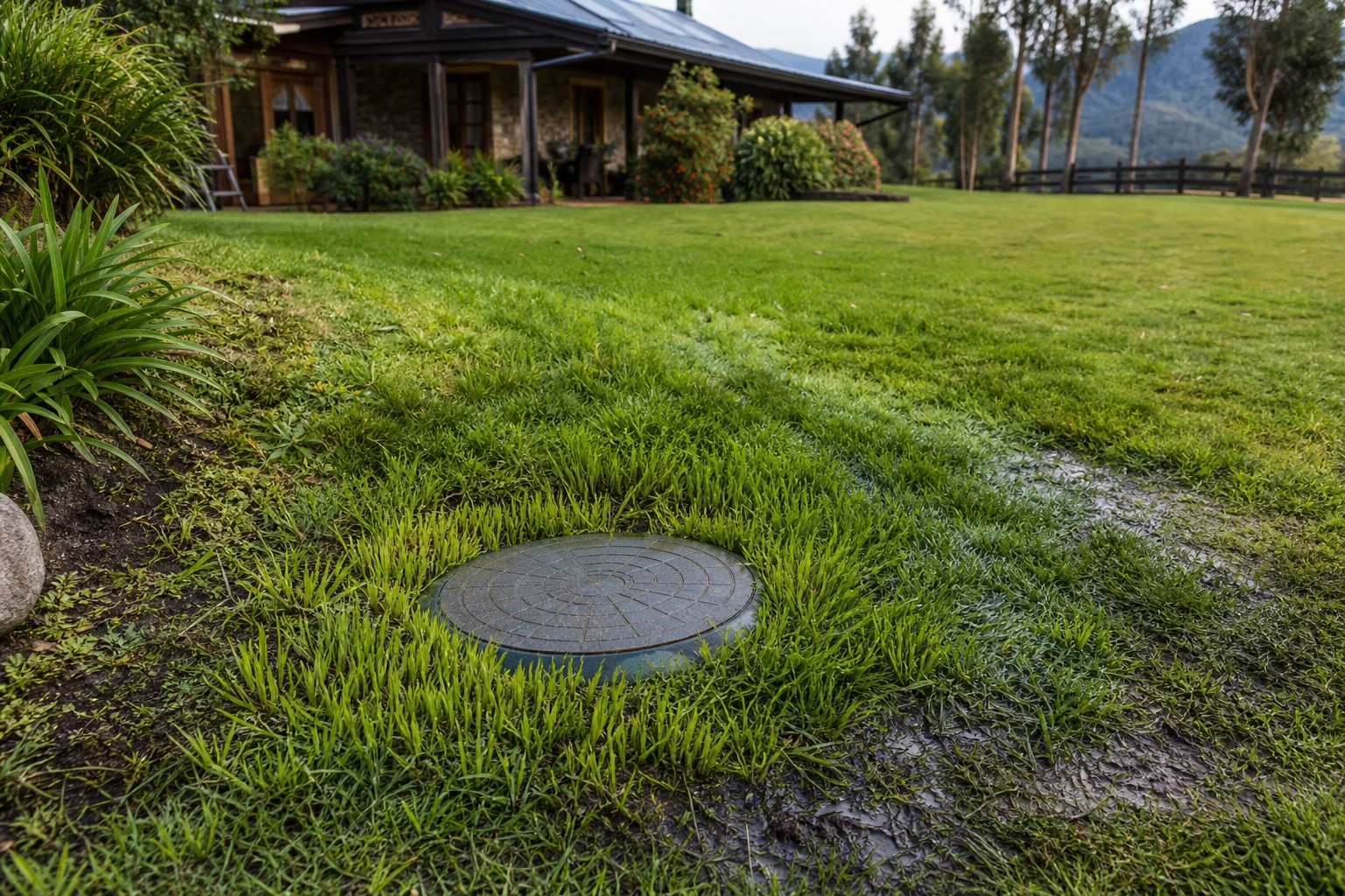Terreno húmedo junto a una tapa de inspección de fosa séptica