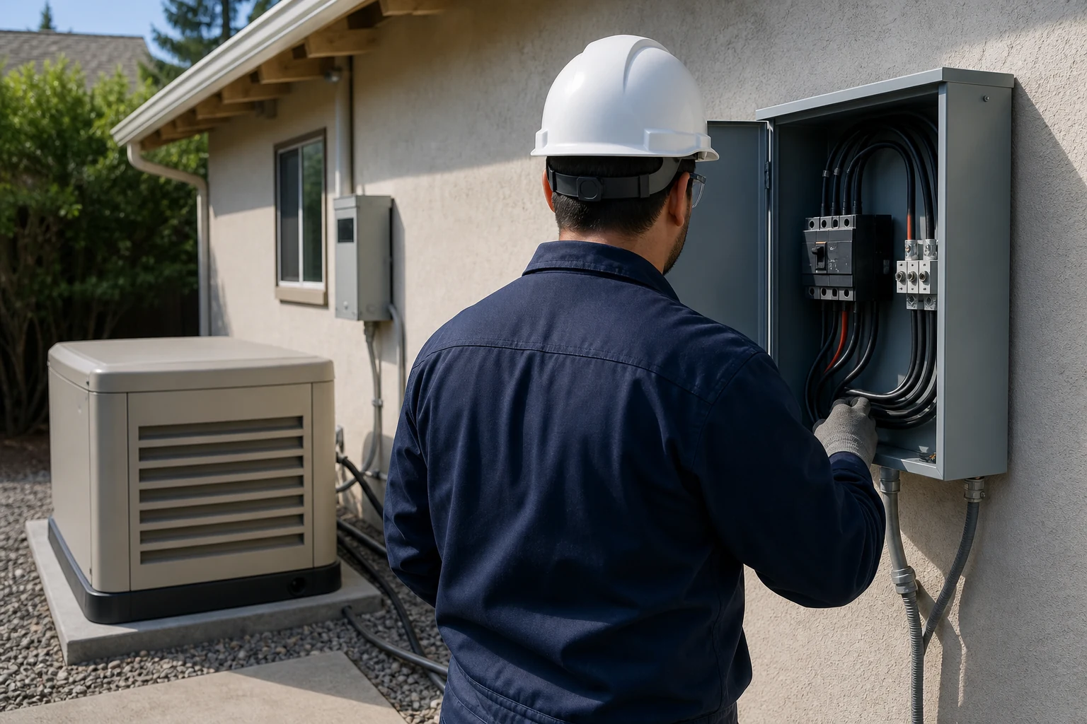 Electricista revisando un tablero de transferencia para conectar un generador de respaldo de forma segura