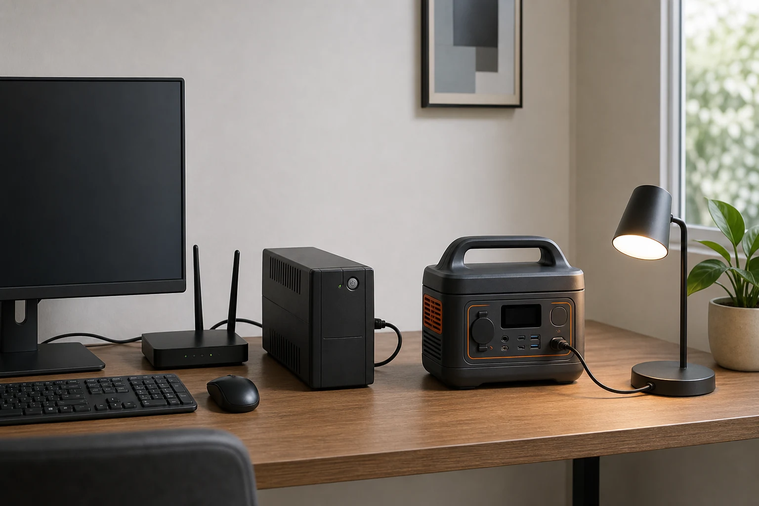 Comparación de UPS y batería de respaldo para router, computador e iluminación durante un corte de luz