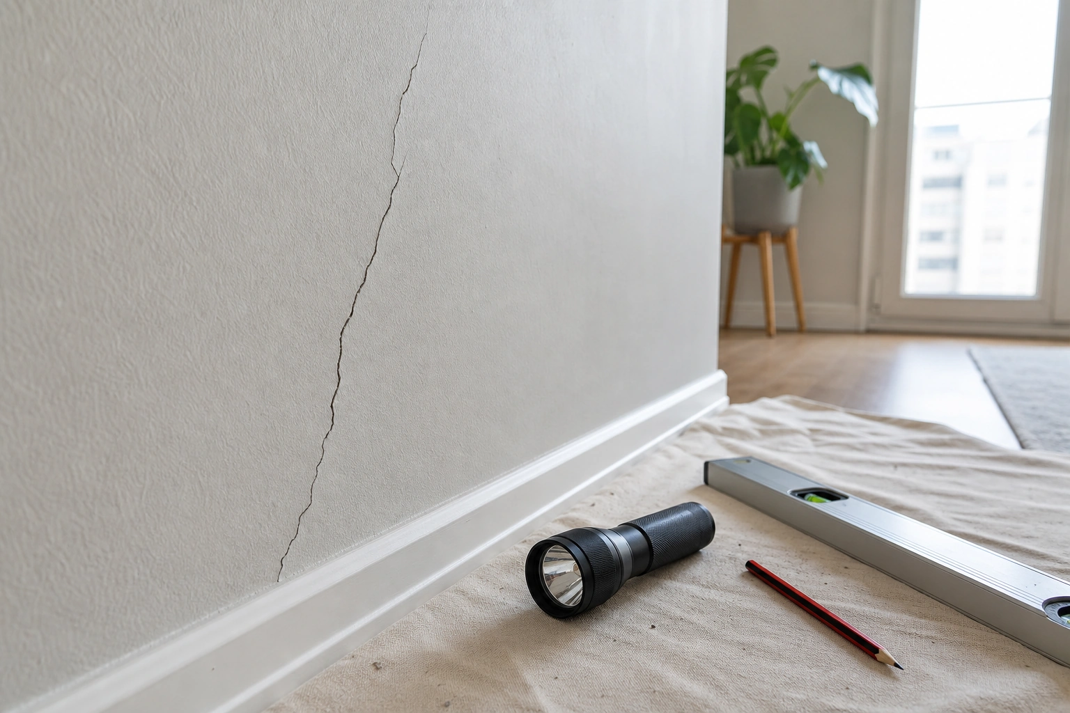 Diagnóstico de grieta fina en muro interior antes de reparar