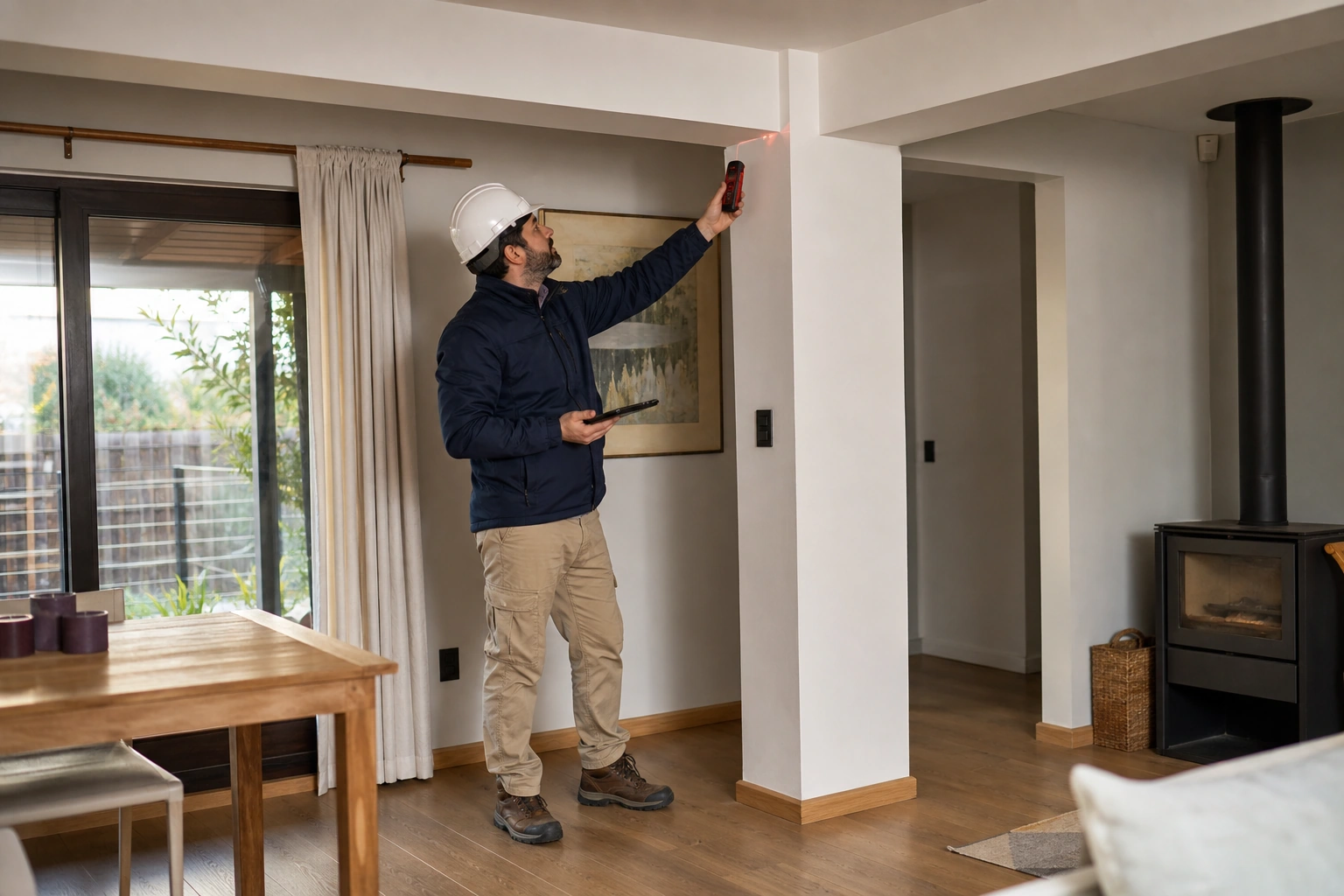 Ingeniero calculista inspeccionando un muro antes de modificar una vivienda