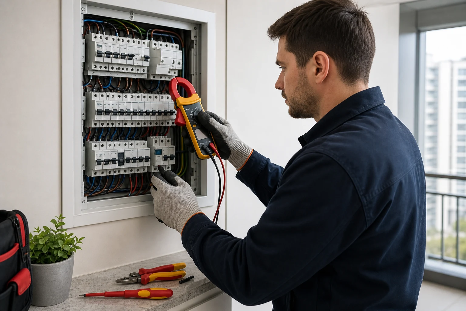 Electricista revisando el tablero de una vivienda antes de conectar equipos de alta potencia