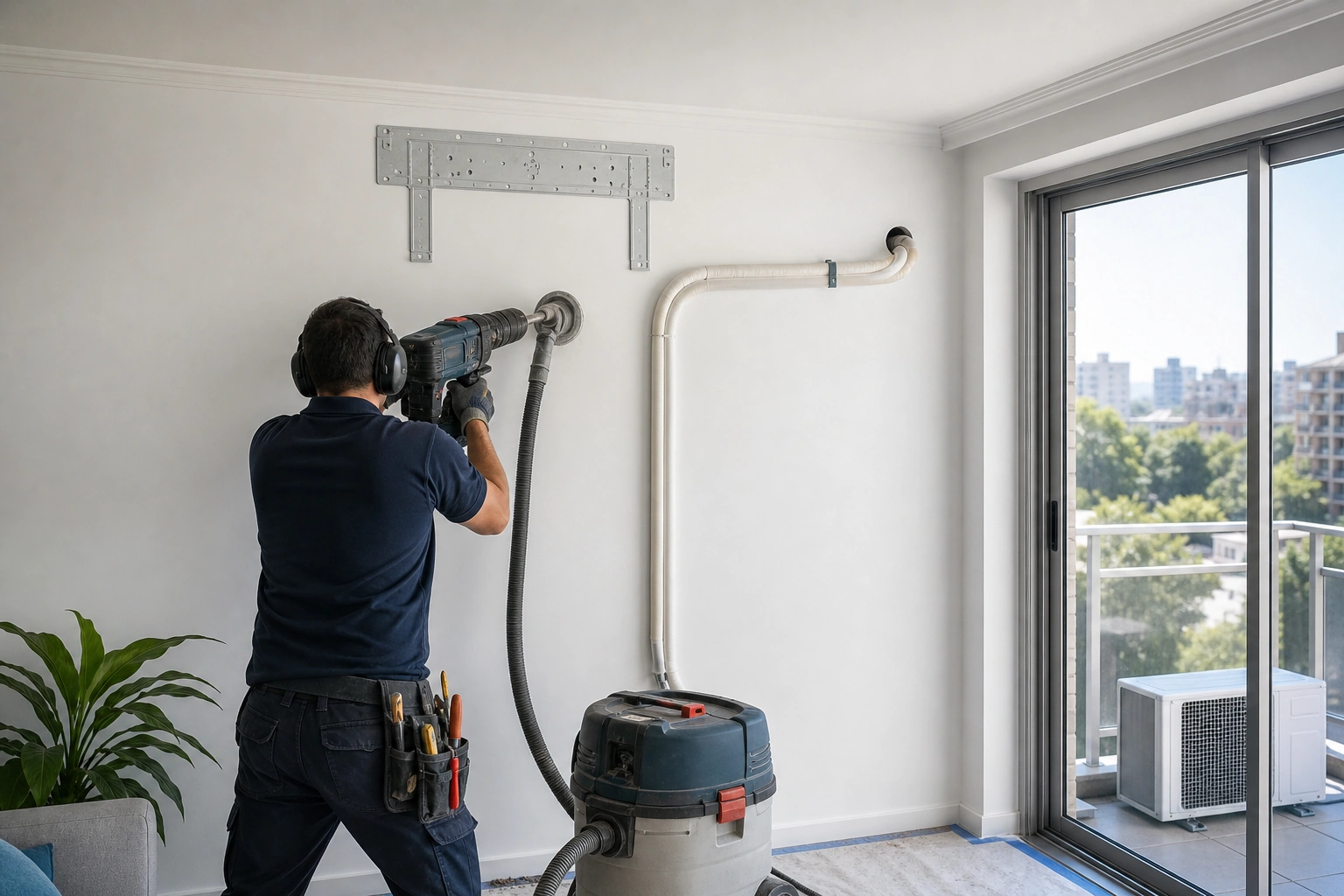 Técnico preparando muro y canalización para instalar aire acondicionado en departamento