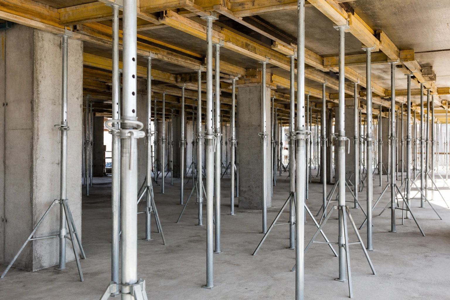 Alzaprimas metálicas alineadas bajo una losa en construcción