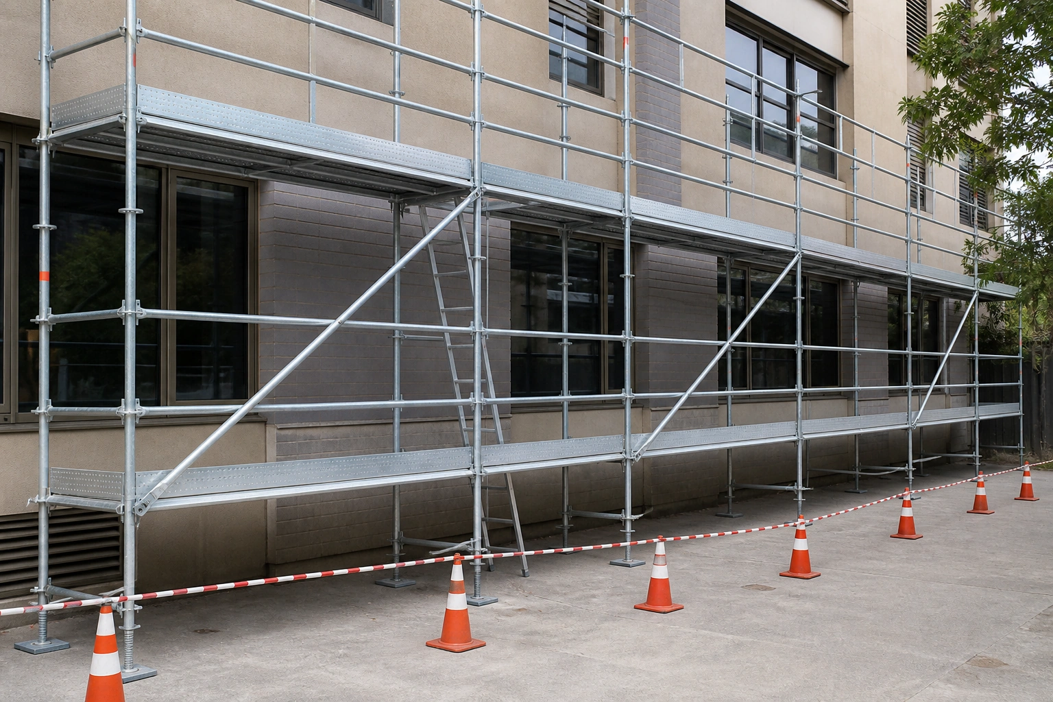 Andamio de fachada con plataformas, barandas, diagonales y bases niveladoras