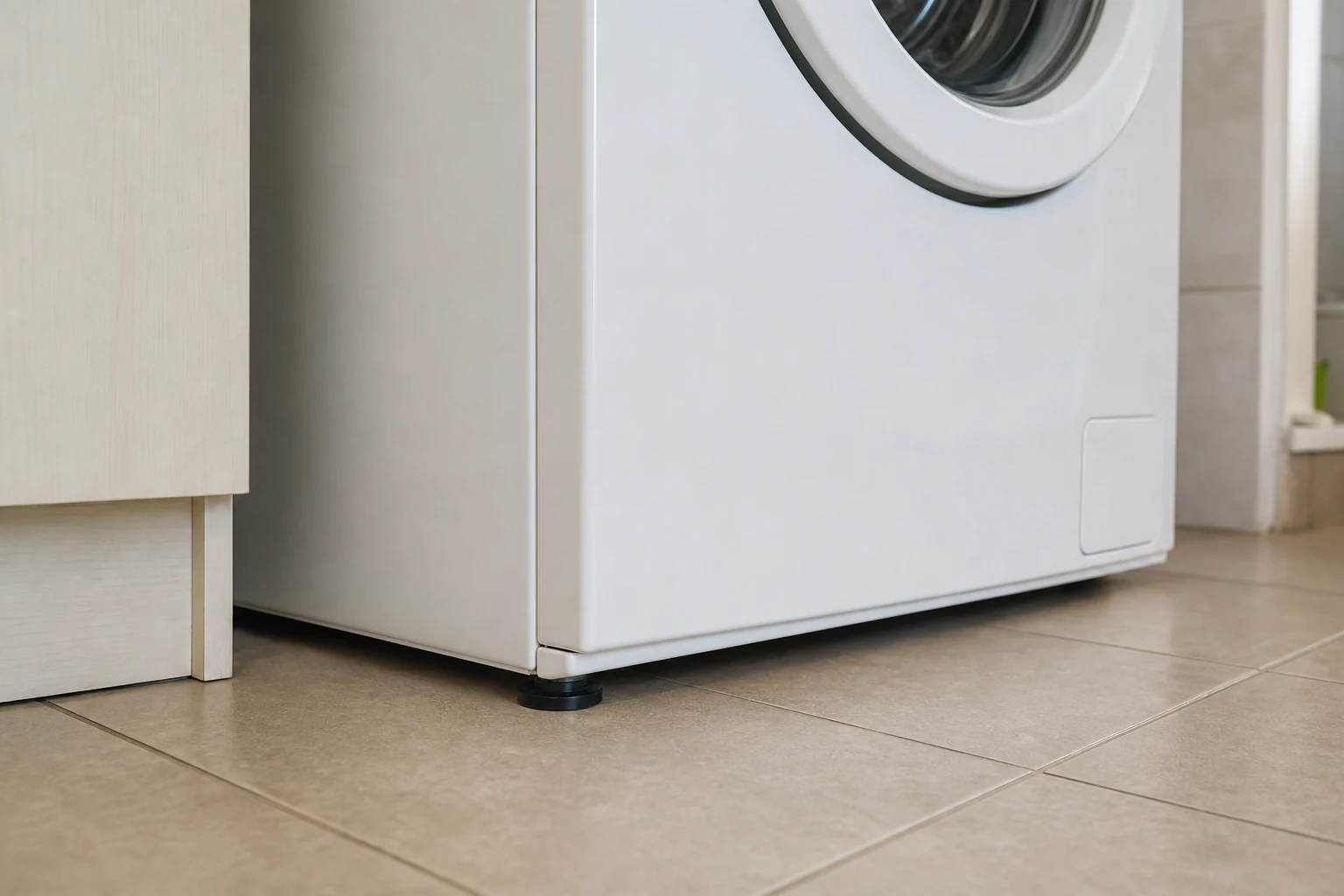 Detalle del apoyo de una lavadora sobre piso de cerámica, con una pata visible y espacio junto al mueble