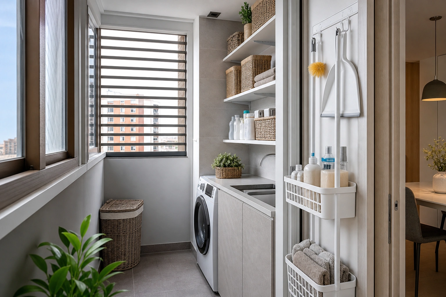 Logia pequeña con ventilación, repisas altas y almacenamiento ordenado