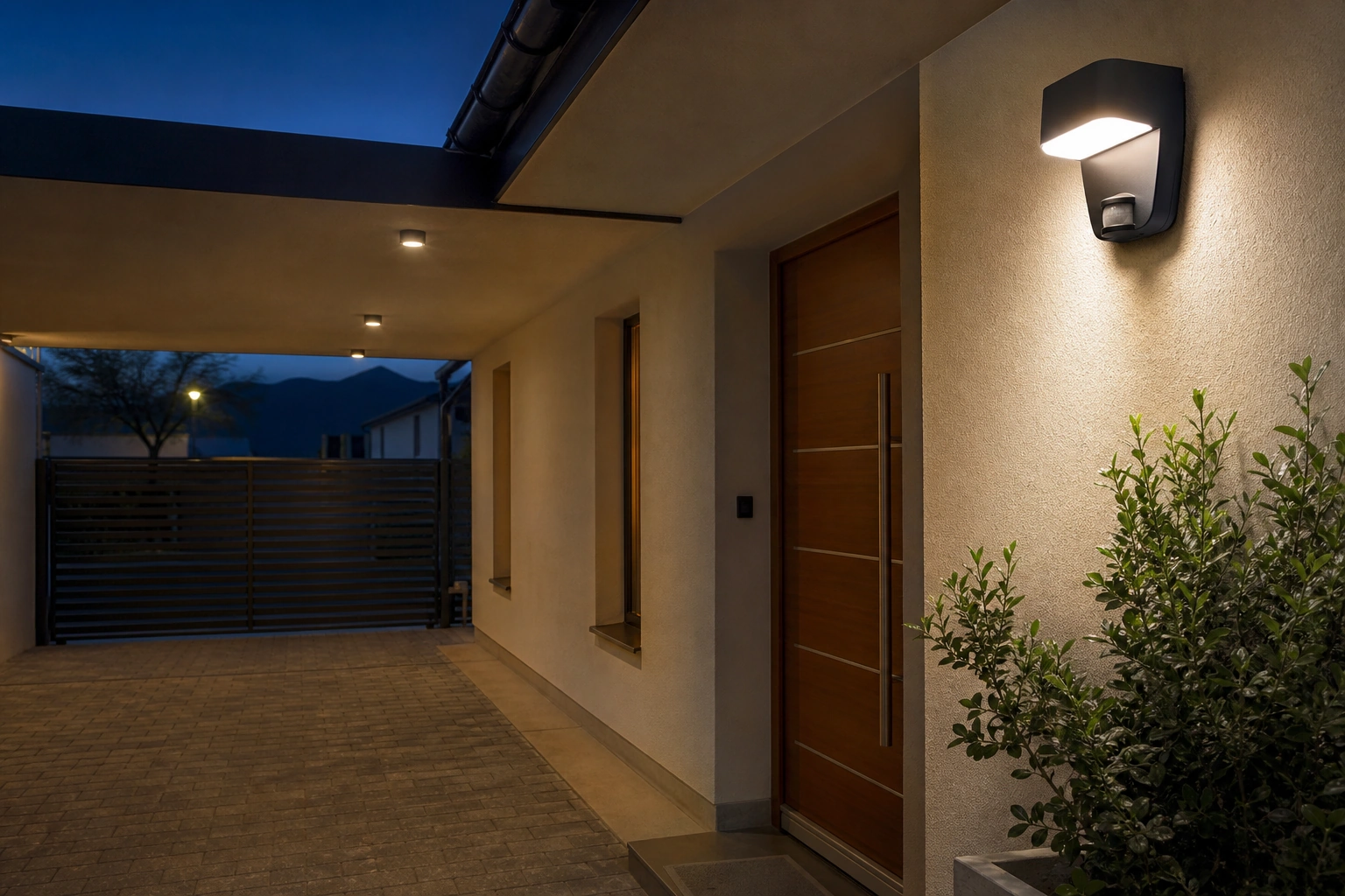 Iluminación exterior con sensor de movimiento en patio y estacionamiento