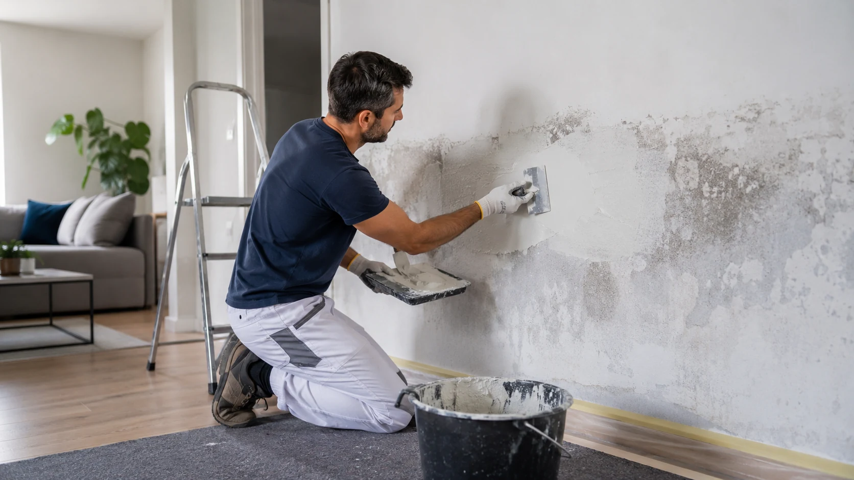 Maestro reparando pared con humedad