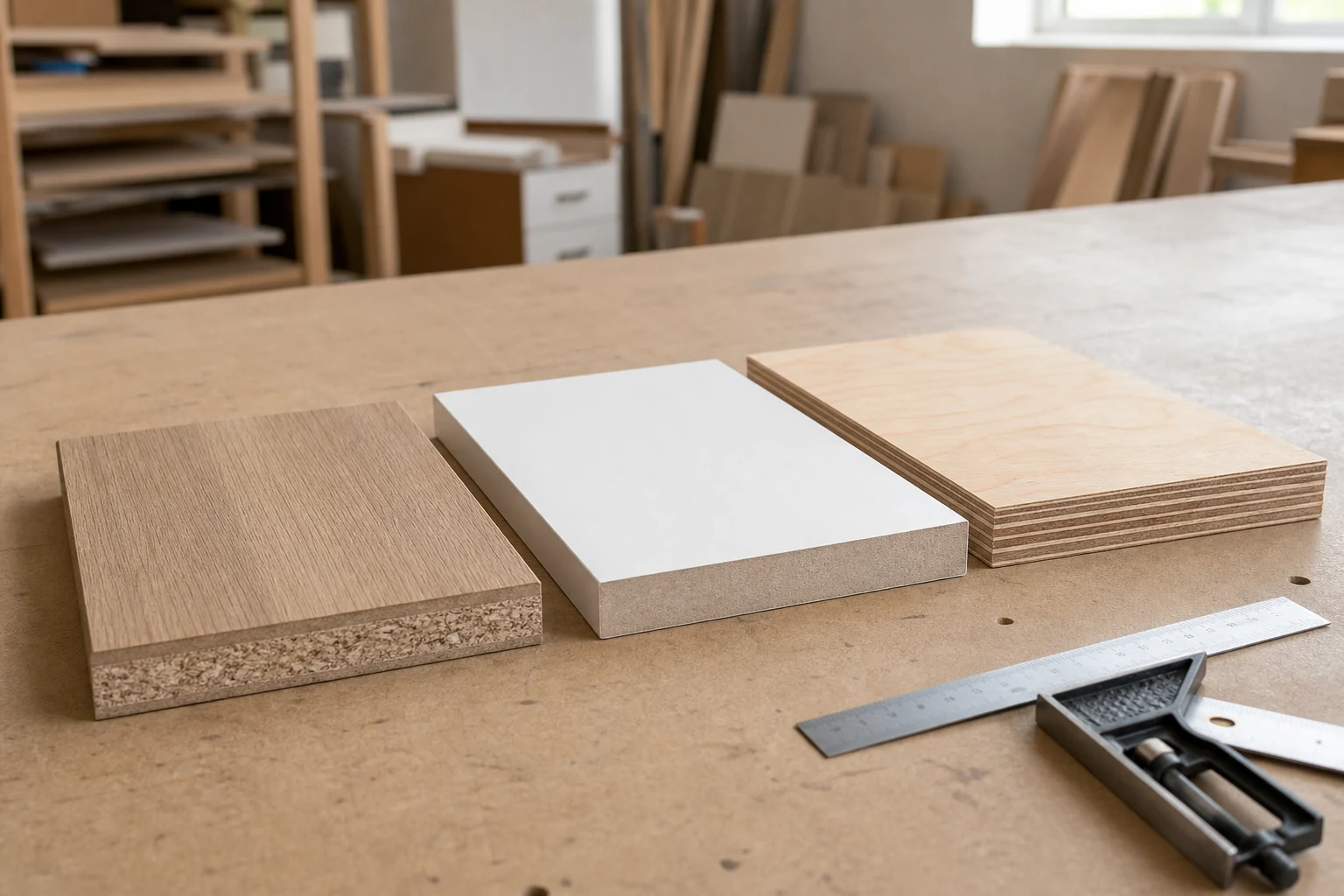 Muestras de tablero melaminizado, MDF para pintar y terciado con sus cantos visibles