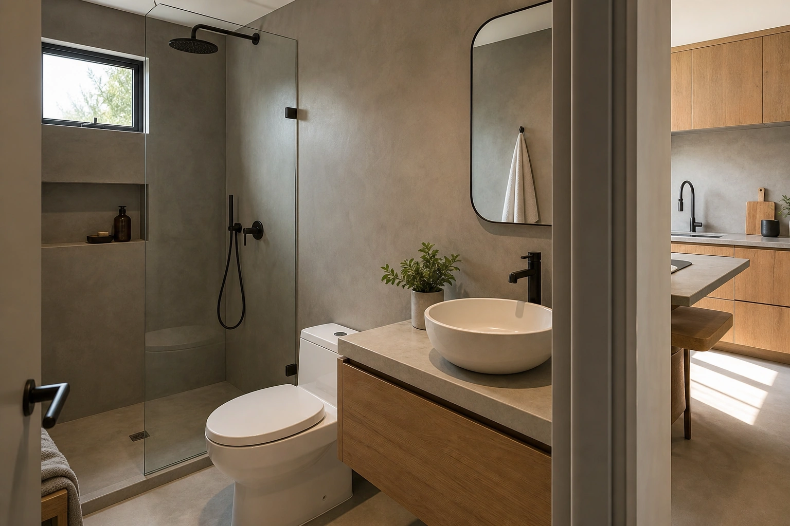Microcemento sellado en baño y cocina remodelados