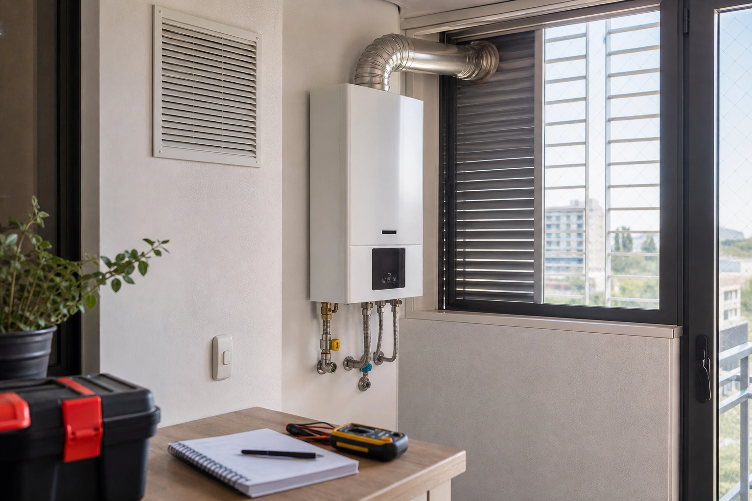 Calefont domiciliario con ventilación revisada en una logia
