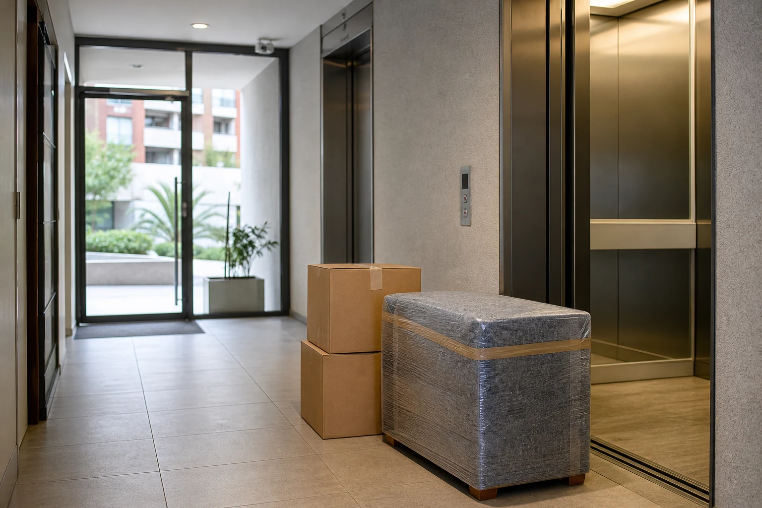 Cajas y mueble protegido junto a un ascensor de edificio antes de una mudanza