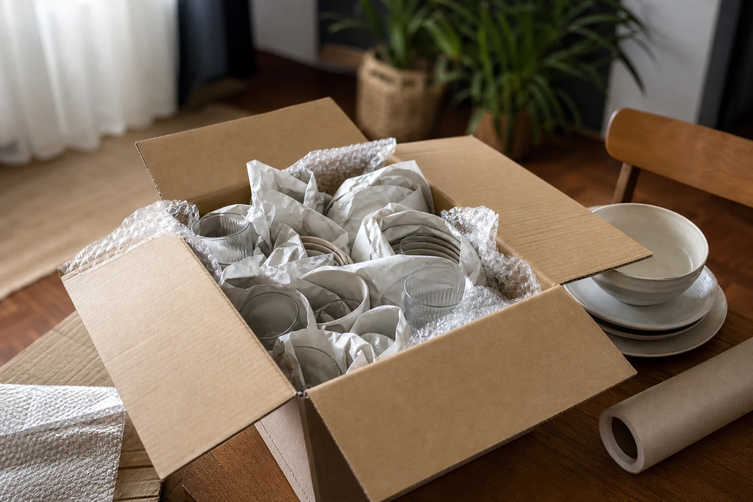 Objetos frágiles protegidos con papel y material de relleno antes de una mudanza