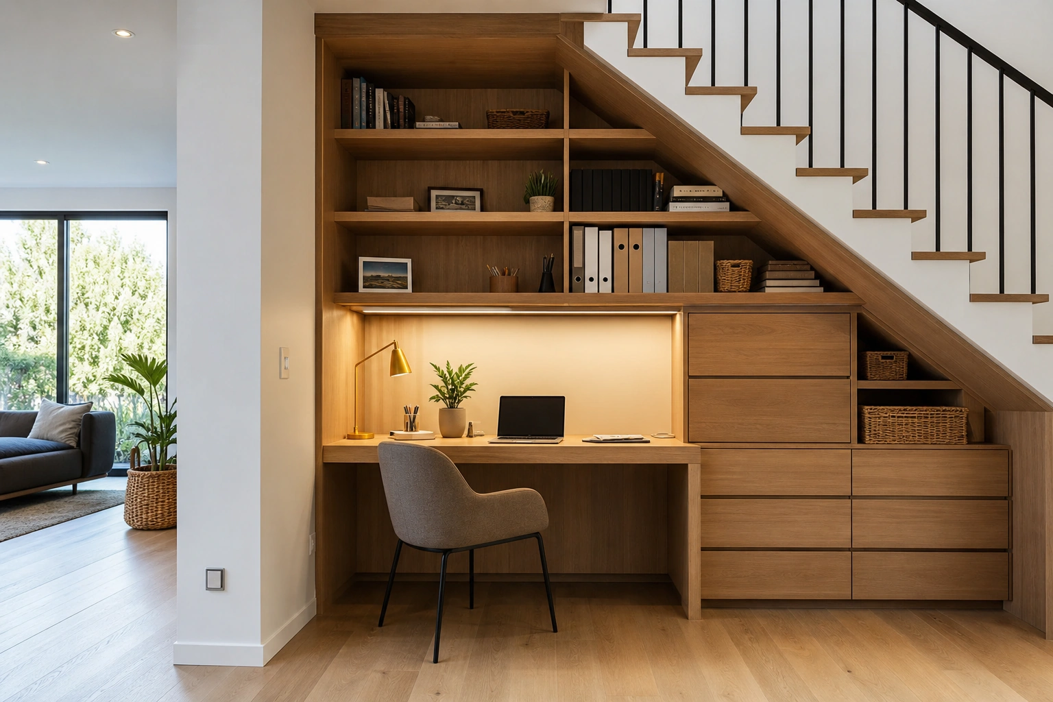 Mueble a medida bajo escalera con cajones y repisas para aprovechar espacio muerto