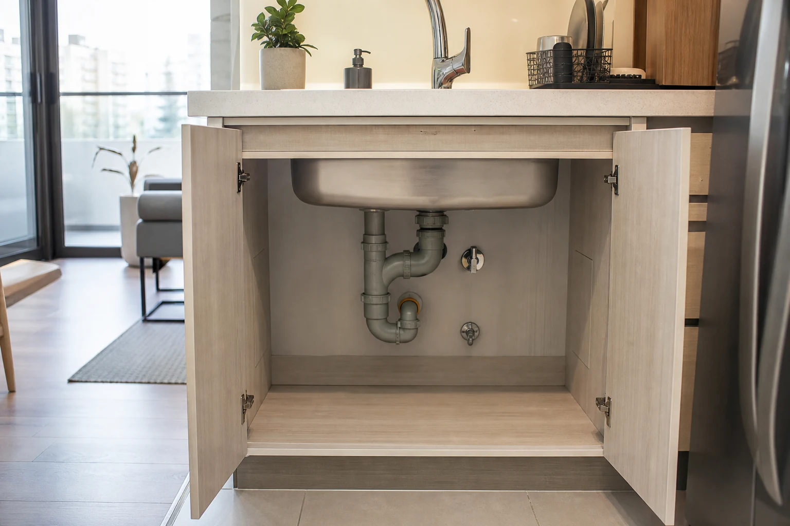 Interior de mueble bajo lavaplatos con cañerías accesibles y cantos protegidos