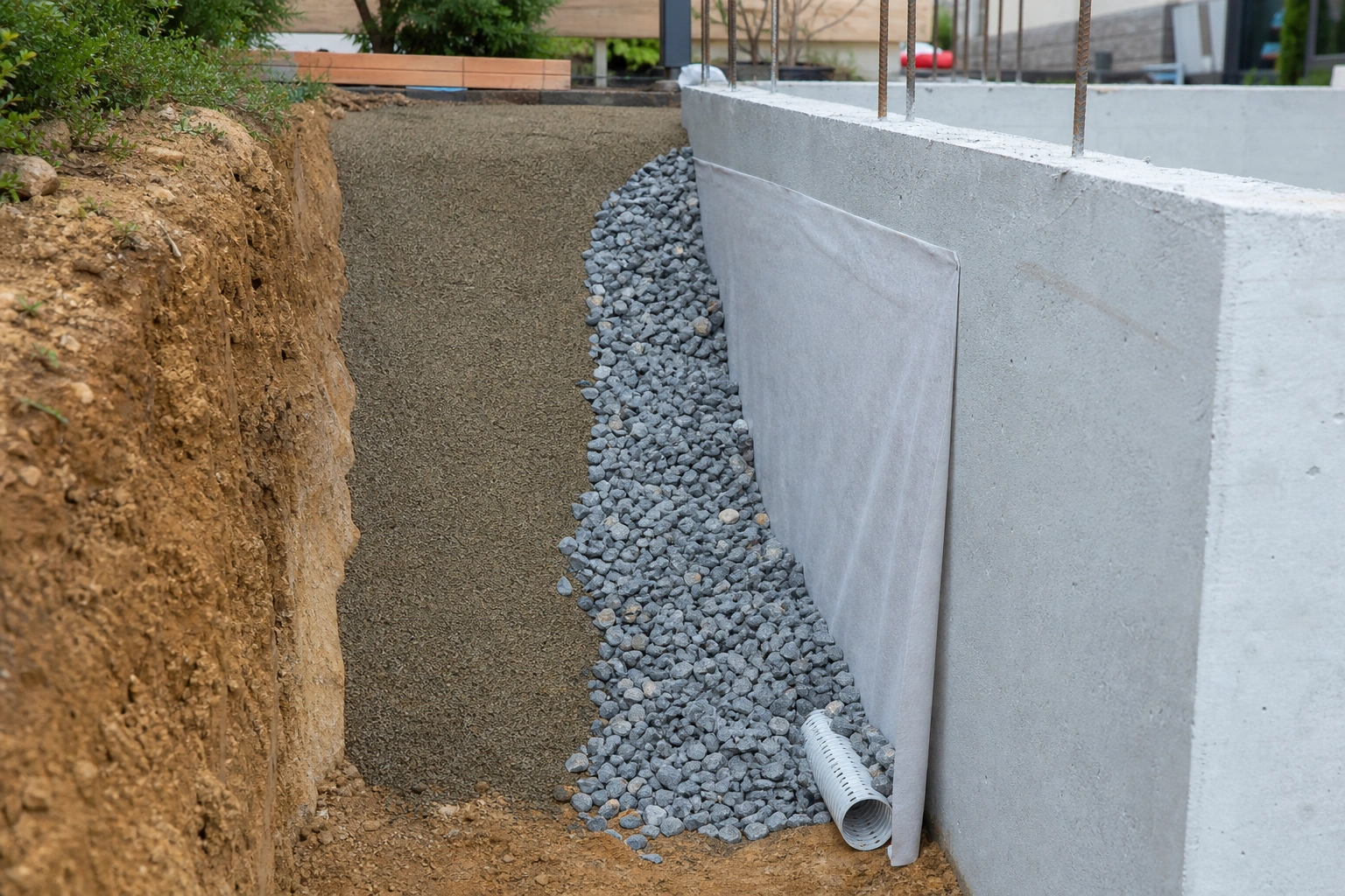 Drenaje con grava, geotextil y tubería perforada detrás de un muro de contención