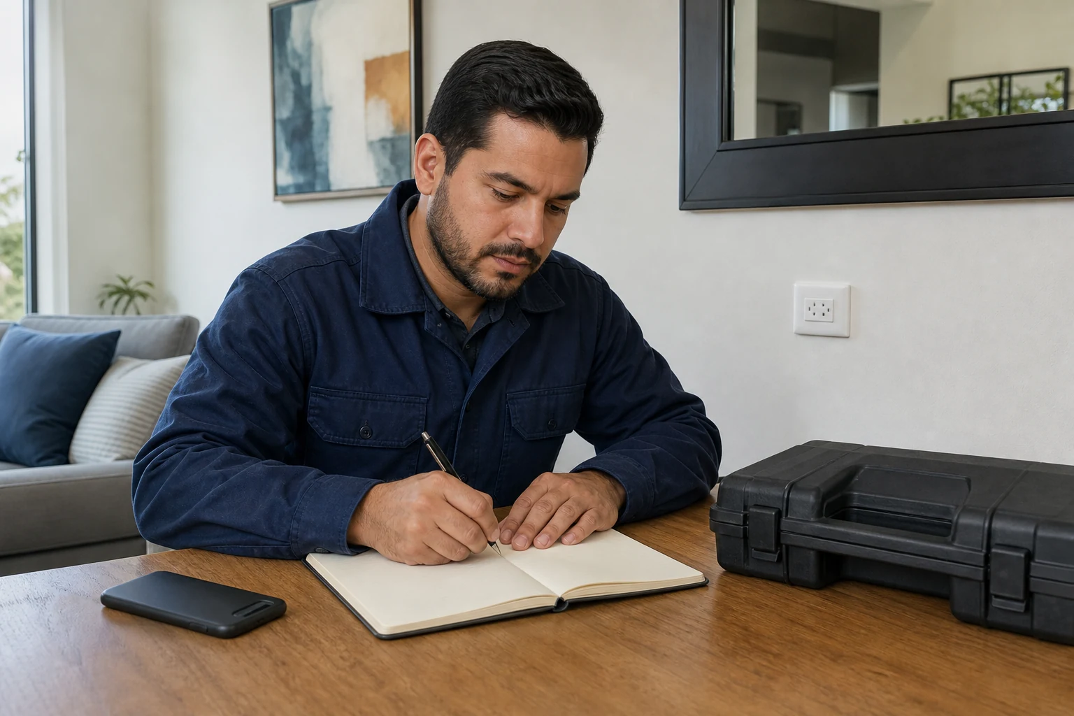 Profesional anotando información en una libreta junto a un teléfono y un maletín cerrado