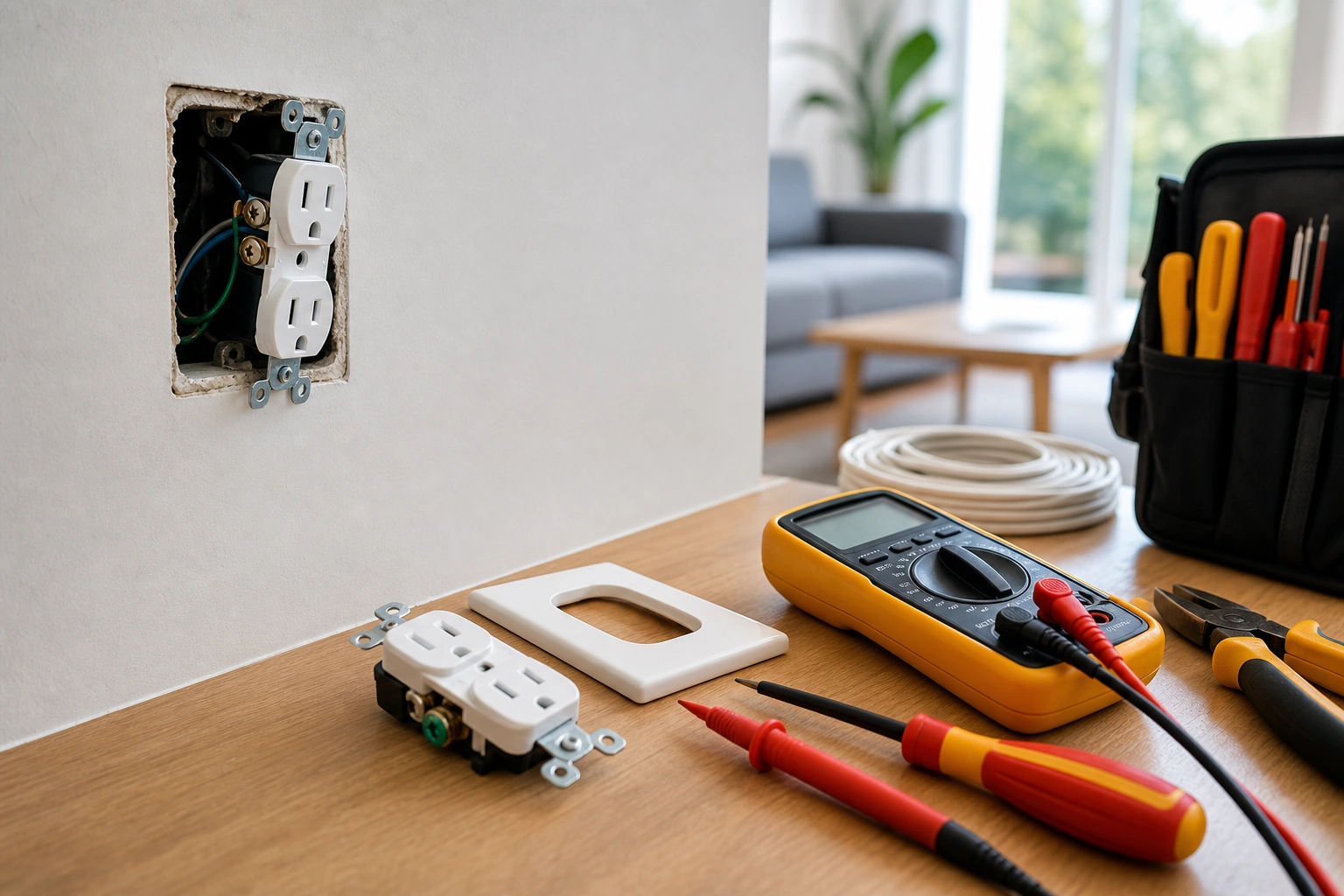 Herramientas de electricista para revisar un enchufe con olor a quemado de forma segura