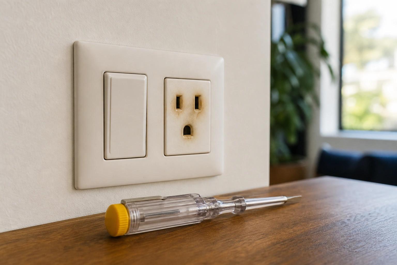 Enchufe e interruptor con señales leves de recalentamiento que requieren revisión eléctrica
