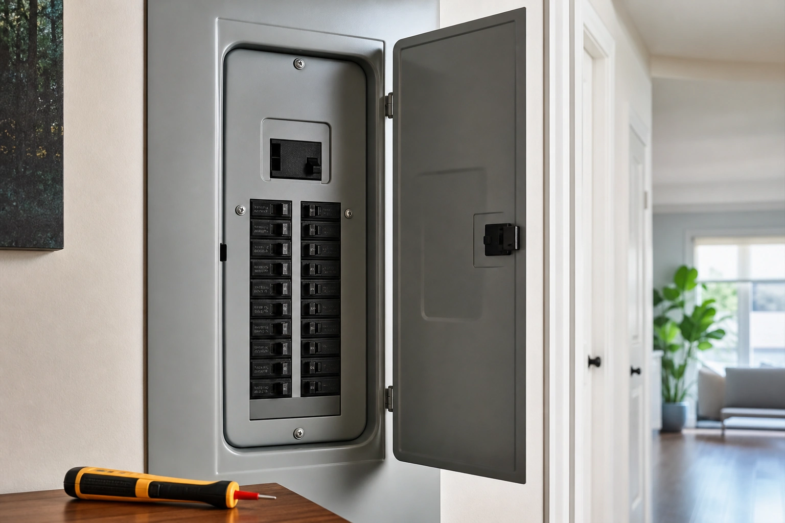 Tablero eléctrico residencial usado para cortar energía ante olor a quemado en enchufe o interruptor