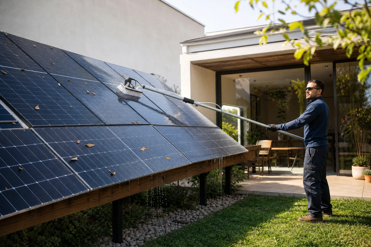Limpieza segura de paneles solares con herramienta de mango largo