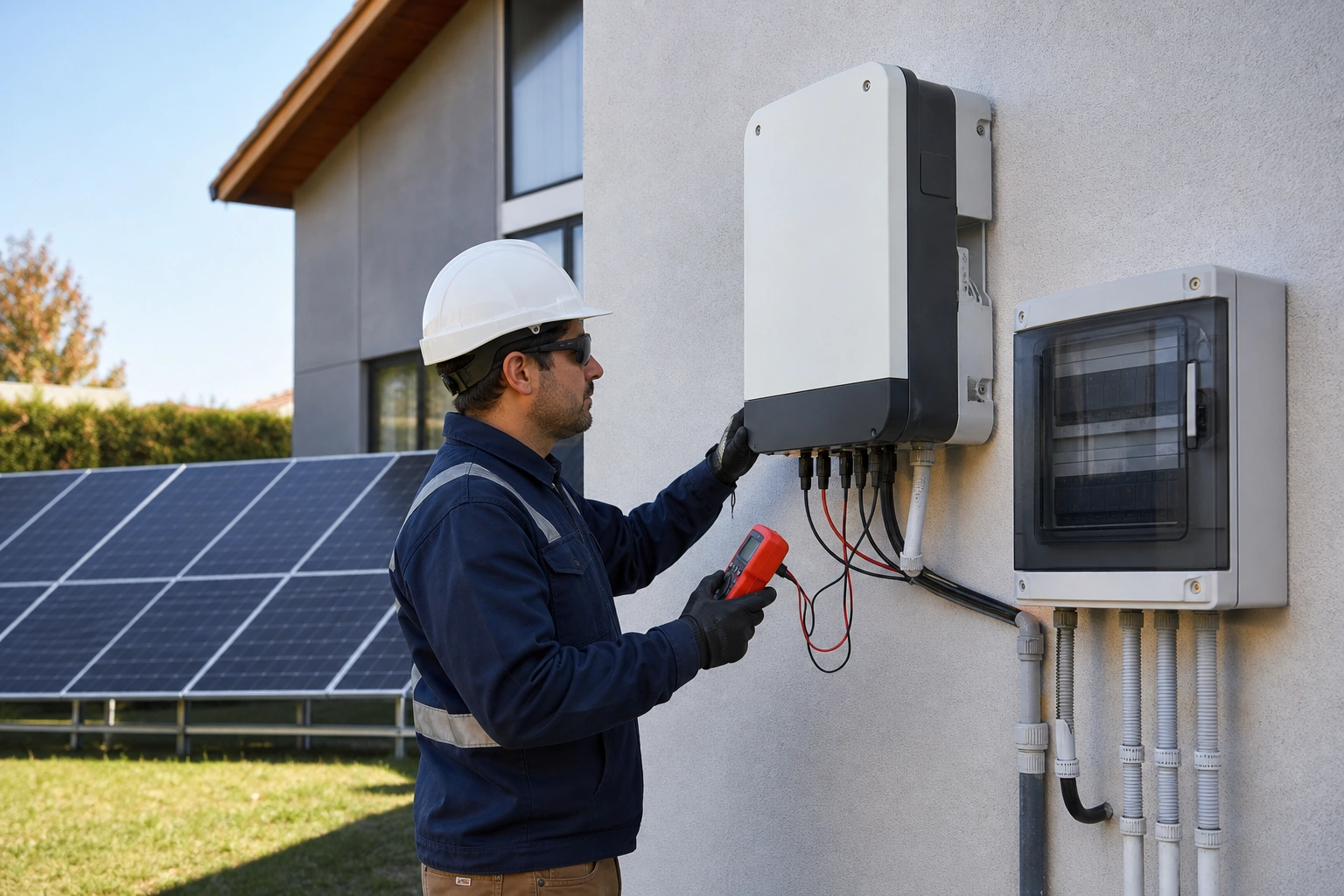 Técnico revisando inversor y protecciones de un sistema solar domiciliario