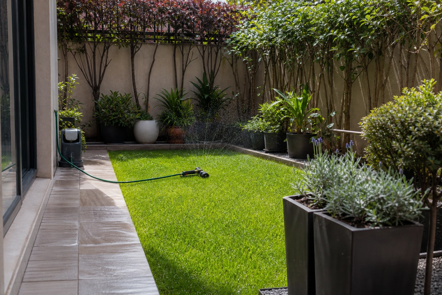 Pasto natural en patio pequeño con riego y bordes de jardín ordenados