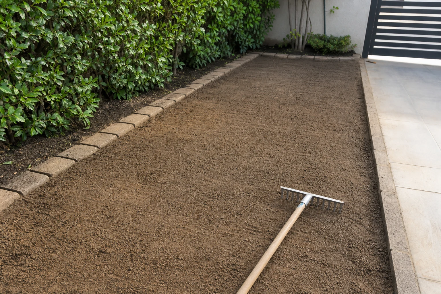 Suelo nivelado y preparado para instalar pasto en rollo o sembrar césped en un jardín