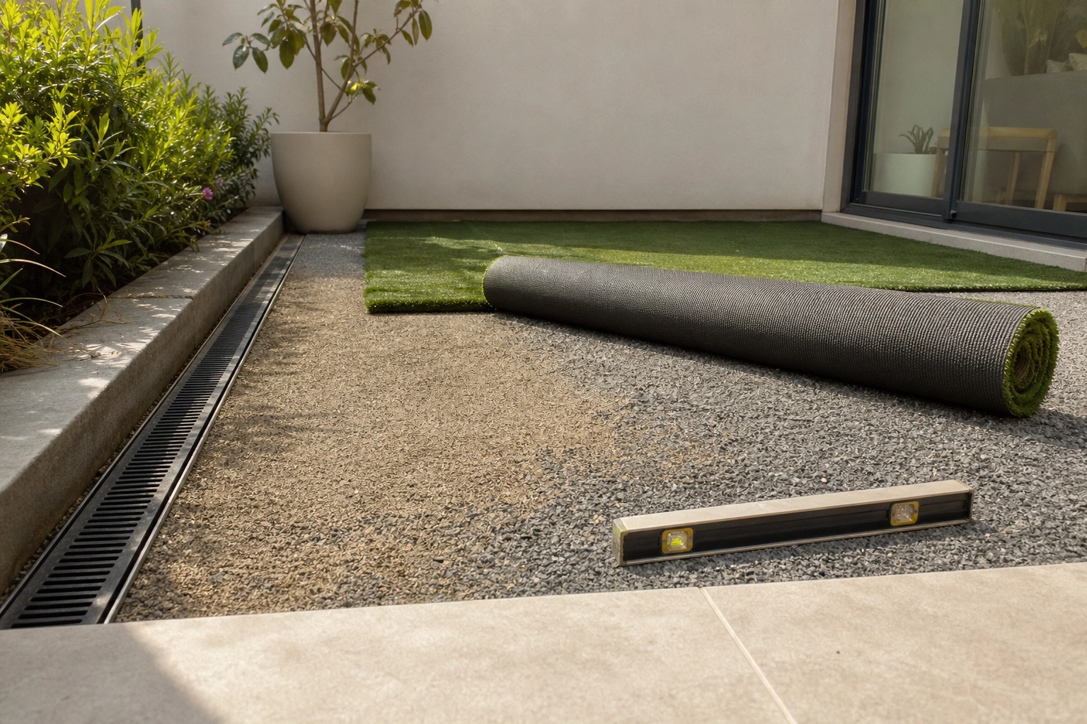 Base compactada y drenaje antes de instalar pasto sintético en un patio pequeño