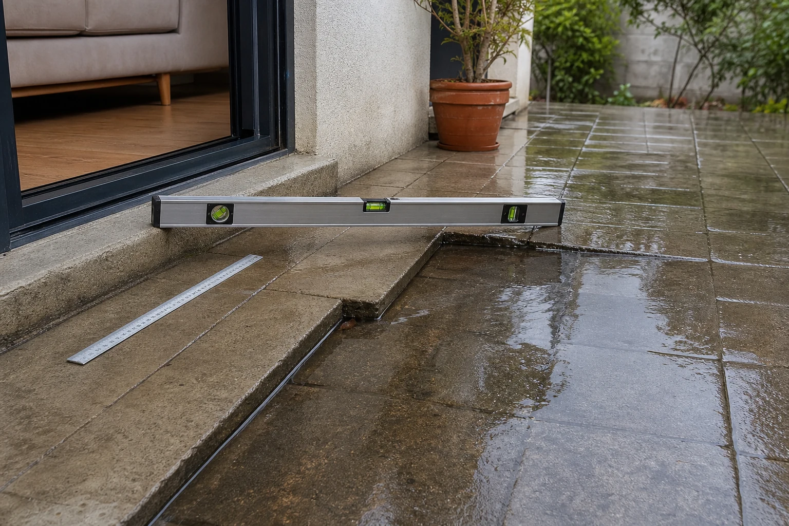 Diagnóstico de pendiente y acumulación de agua en un patio con pozas