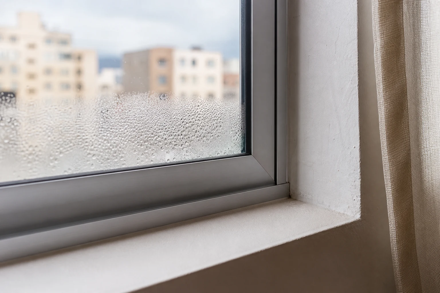 Gotas de condensación sobre el vidrio interior de una ventana y pared fría contigua
