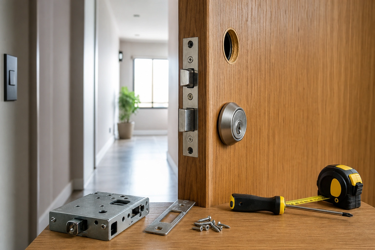 Cerradura de seguridad nueva y herrajes listos para instalación en una puerta residencial