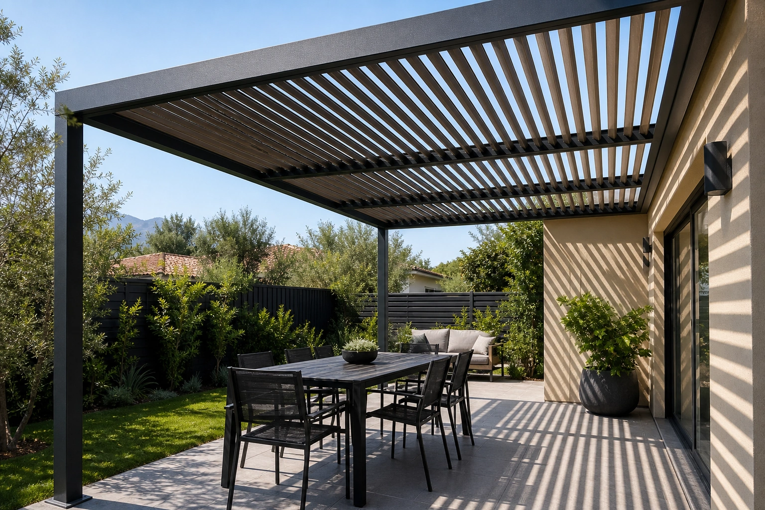 Pérgola moderna dando sombra a un patio chileno