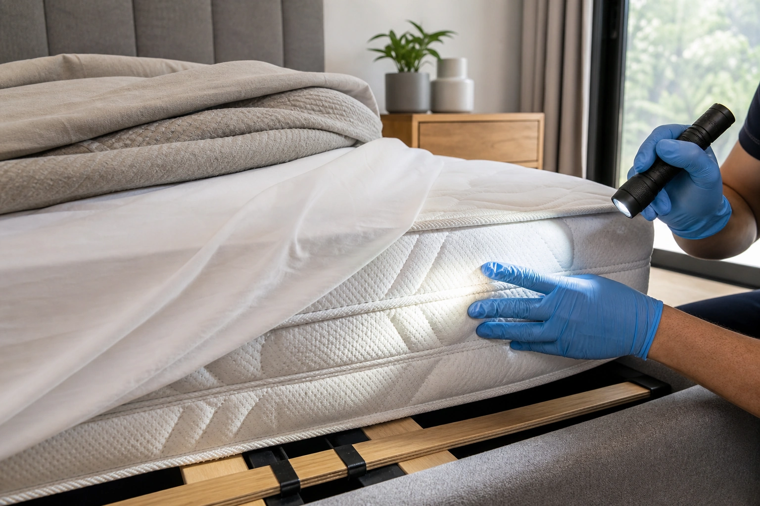 Inspección de costuras de colchón para detectar señales de chinches en cama