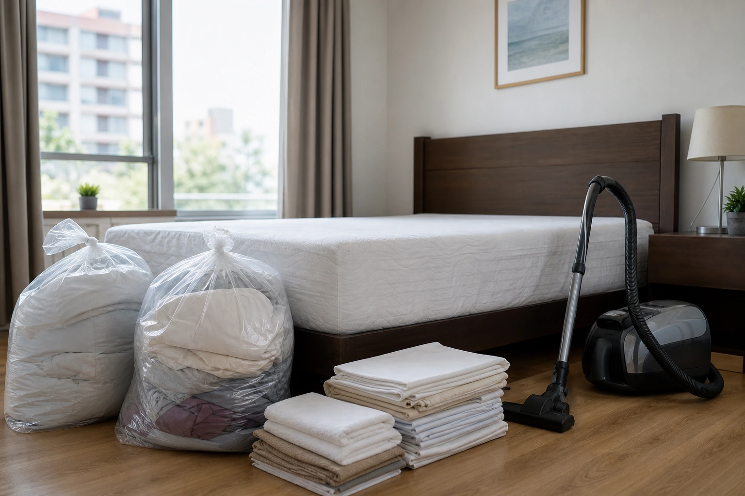 Preparación de dormitorio y ropa de cama para tratamiento profesional contra chinches